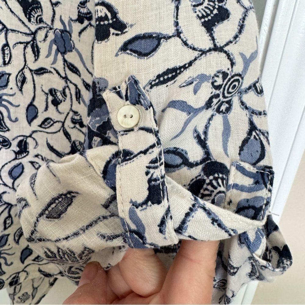 Linen Floral Shirt Coastal Chic Boho Resort Blouse Blue White Euro Summer Top - Picture 4 of 11